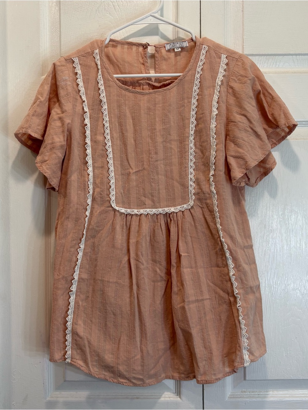 A Dip of Darling Peach Pink Short Sleeve 100% Cotton Boho Blouse - Size Medium